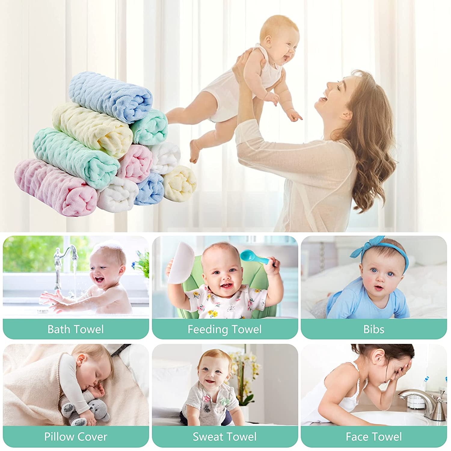 Soft Newborn Essentials - Muslin Washcloths & Towels for Sensitive Skin - 10 Pack, 10X10 Inches - Baby Register Shower Gift